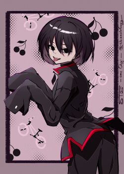 1boy absurdres artist_name bicycle black_border black_eyes black_hair black_pants bob_cut border character_name cherry commentary empty_eyes english_commentary food from_behind from_side fruit gakuran grey_border grin hair_over_eyes halftone halftone_background highres looking_at_viewer looking_back looking_to_the_side monogatari_(series) nademonogatari naoetsu_high_school_uniform oshino_ougi outside_border pants paw_pose pink_background red_trim sbinnalatony school_uniform short_hair signature sleeves_past_fingers sleeves_past_wrists smile solo standing tongue tongue_out turtleneck twitter_username undershirt very_long_sleeves