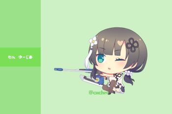 1girl assault_lily black_thighhighs c-chrone chibi chibi_only chinese_clothes commentary_request dress eyelashes green_background gun hair_ornament holding holding_gun holding_weapon one_eye_closed parted_lips ponytail sitting solo thighhighs translation_request wang_yujia weapon white_dress