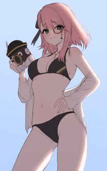 1girl :3 absurdres alternate_costume backlighting bare_shoulders bikini black_bikini blue_background blue_eyes breasts camera charlotte_(genshin_impact) cleavage closed_mouth commission contrapposto cowboy_shot gadeung_hye genshin_impact halterneck highres holding holding_camera looking_at_viewer medium_breasts medium_hair monocle navel off_shoulder open_clothes open_shirt pink_hair second-party_source shirt smile solo standing stomach string_bikini swimsuit thighs white_shirt