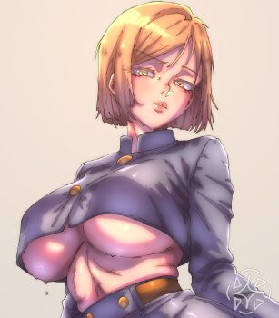 1girl amphyshira artist_logo belt blue_shirt blue_skirt breasts brown_belt buttons commentary cropped_shirt english_commentary eyelashes grey_background half-closed_eyes highres jujutsu_kaisen jujutsu_tech_uniform kugisaki_nobara large_breasts lips lipstick logo long_sleeves looking_at_viewer makeup medium_hair midriff orange_hair parted_lips shirt simple_background skirt solo sweat underboob upper_body yellow_eyes