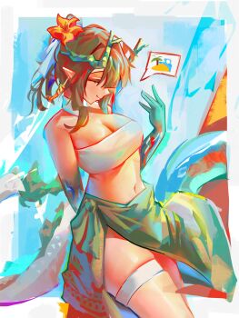 1girl absurdres alternate_costume arknights black_hair colored_skin dragon_girl dragon_horns dragon_tail dusk_(arknights) earrings green_hands green_horns green_skin hair_over_one_eye highres horns jewelry multicolored_hair nikov pointy_ears red_eyes sarong solo strapless streaked_hair tail tassel tassel_earrings tube_top