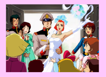 5boys 5girls ^_^ amuro_ray arm_up armpits arms_up bare_shoulders belt black_belt black_eyes black_hair blonde_hair blue_jacket border bouquet bouquet_toss bow bow_hairband breasts bridal_veil bride bright_noa brown_hair brown_hat brown_jacket brown_pants child clapping cleavage closed_eyes closed_mouth commentary dokite_tsukasa dress earth_federation elbow_gloves flower fraw_bow game_cg gloves green_dress gundam gundam_gihren_no_yabou hairband hand_on_another's_arm hand_on_another's_waist hands_up happy haro hat highres husband_and_wife indoors jacket jewelry katz_howan kikka_kitamoto letz_cofan lipstick long_hair looking_at_viewer makeup matilda_ajan medium_breasts military military_uniform mirai_yashima mobile_suit_gundam multiple_boys multiple_girls necklace official_art open_mouth own_hands_together pants peaked_cap pearl_necklace pink_border pink_flower pink_gloves pink_shirt puffy_short_sleeves puffy_sleeves red_bow red_hair red_hairband red_lips sayla_mass shirt short_hair short_sleeves smile standing veil wedding_dress white_dress white_gloves white_veil woody_malden