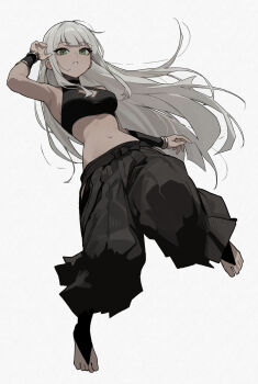 1girl absurdres bangle bare_shoulders black_pants borrowed_character bracelet breasts crop_top feet gold_bracelet gold_trim green_eyes grey_hair highres jewelry long_bangs lou_(gogalking) midriff open_mouth original pants rusellunt simple_background solo sports_bra stirrup_legwear toeless_legwear white_background