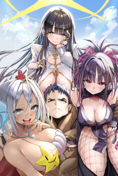 1boy 3girls black_hair blue_nails breasts character_request cleavage closed_mouth commentary_request copyright_request fins fishnet_pantyhose fishnets green_eyes grey_eyes grey_hair hair_between_eyes hair_ribbon head_fins highres jewelry large_breasts mappaninatta mole mole_on_breast multiple_girls necklace ninja novel_illustration official_art open_mouth pantyhose pelvic_curtain purple_ribbon red_eyes ribbon star_(symbol) tongue tongue_out