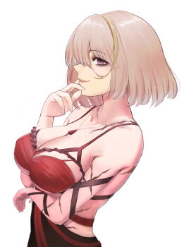 1girl absurdres arm_under_breasts blonde_streaks breasts cleavage code_vein cross_scar dress eva_roux from_side grey_hair highres large_breasts looking_at_viewer miyure_(voyakl) multicolored_hair red_dress scar scar_on_arm scar_on_face short_hair simple_background sleeveless sleeveless_dress solo streaked_hair torn_clothes torn_dress upper_body white_background