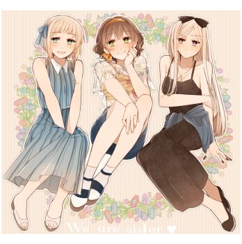 3girls axis_powers_hetalia bare_shoulders belarus_(hetalia) belgium_(hetalia) black_bow black_dress black_nails blonde_hair blue_bow blue_dress blue_skirt blush border bow breasts brown_hair brown_sandals brown_shoes clenched_hand closed_mouth clothes_around_waist collarbone collared_dress commentary_request dress english_text fingernails floral_background floral_print full_body green_eyes hair_between_eyes hair_bow hairband hand_on_own_face hand_up heart holding_own_arm jewelry liechtenstein_(hetalia) long_dress long_hair looking_at_another medium_breasts miniskirt multiple_girls nail_polish necklace ninonuko open_mouth orange_background orange_bow orange_hairband orange_tank_top purple_eyes purple_pupils sandals see-through_clothes see-through_shirt shirt shoes short_hair sidelocks sitting skirt sleeveless sleeveless_dress smile socks striped_background striped_clothes striped_dress tank_top toenails triangle_necklace white_border white_hair white_shoes white_socks yellow_pupils