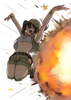 1boy 1girl armpits belt blonde_hair breasts brown_hair closed_eyes crop_top cropped_jacket explosion fio_germi glasses hat hyakutaro_ichimonji long_hair medium_breasts metal_slug midriff ponytail shorts sleeveless sleeveless_jacket tikuwabu_33 underboob