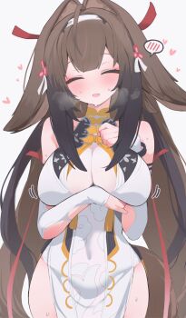 1girl animal_ear_fluff animal_ears arm_under_breasts breasts brown_hair cleavage cleavage_cutout closed_eyes clothing_cutout commentary covered_navel detached_sleeves dress droopy_ears facing_viewer hairband highres hone_kawa large_breasts long_hair long_sleeves open_mouth simple_background sleeves_past_wrists solo speech_bubble spoken_blush very_long_hair white_background white_dress white_hairband ye_shunguang zenless_zone_zero