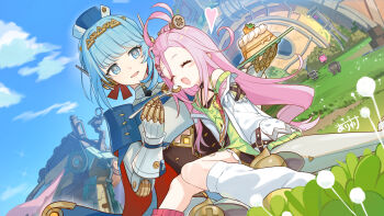 &gt;_&lt; 2girls aino_(genshin_impact) aqua_eyes aqua_hair arisuke_(natuyan) blue_sky blush cake cape closed_eyes dress food genshin_impact green_dress hair_between_eyes hair_ornament heart highres holding holding_plate holding_spoon humanoid_robot ineffa_(genshin_impact) jacket long_hair long_sleeves looking_at_another multiple_girls open_mouth pink_hair plate red_cape robot robot_girl sitting sitting_on_another&#039;s_knee sitting_on_person sky smile spoon very_long_hair white_jacket