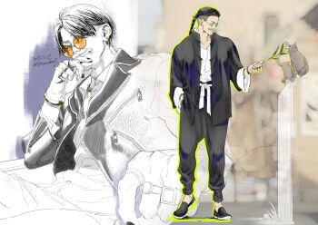 1boy aged_up alternate_costume alternate_hairstyle black_nails braid cat chinese_clothes commentary_request dual_persona earrings facial_hair goatee hand_in_pocket highres hoop_earrings jacket jewelry long_hair male_focus multiple_rings mustache nicacu open_clothes open_jacket parted_bangs partially_colored ring round_eyewear ryuu_ga_gotoku_(series) ryuu_ga_gotoku_7 single_braid sitting solo stubble sunglasses tangzhuang undercut zhao_tianyou zipper