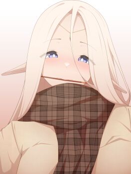 1girl absurdres alternate_costume blonde_hair blue_eyes blush casual cerestia_of_life circlet elf food food_in_mouth highres last_origin long_hair orangegoon pocky pocky_day pocky_in_mouth pointy_ears scarf solo very_long_hair
