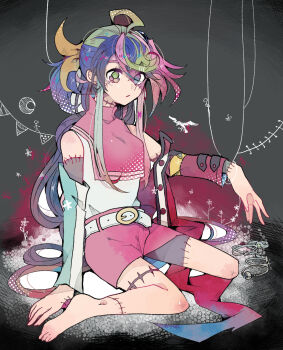 1girl barefoot belt body_horror bracelet_girls chimerism detached_sleeves extra_pupils fusion highres hiiragi_yuzu kurosaki_ruri long_hair moon multicolored_hair patchwork_clothes patchwork_skin puppet_strings rin_(yu-gi-oh!) serena_(yu-gi-oh!) stick_figure stitched_arm stitched_face stitched_leg stitched_neck stitches teketeke_(tasutekete) very_long_hair yu-gi-oh! yu-gi-oh!_arc-v