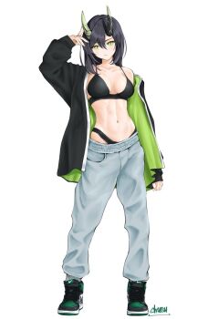 1girl chaesu groin horns looking_at_viewer nike_(company) pants shoes simple_background sneakers source_request tagme white_background