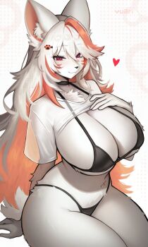 1girl animal_ear_fluff animal_ears animal_nose artist_name bikini black_bikini breasts chest_tuft cleavage clothes_lift colored_inner_hair commentary furry furry_female heart highres huge_breasts large_breasts long_hair looking_at_viewer multicolored_hair orange_hair original red_eyes see-through_clothes see-through_shirt shirt shirt_lift simple_background smile solo streaked_hair swimsuit tail thick_thighs thighs two-tone_hair untranslatable_commentary valleedolla white_fur white_hair
