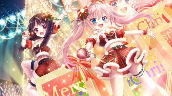 2girls ahoge alternate_hair_length alternate_hairstyle arm_up asymmetrical_legwear audience bandou_mikuru belt black_belt blonde_hair blue_eyes blush bow bracelet braid breasts brown_hair christmas concert crop_top detached_collar detached_sleeves dot_nose dutch_angle film_grain fishnet_thighhighs fishnets from_below fur-trimmed_skirt fur_bracelet fur_trim game_cg glowstick hair_intakes himura_nagisa holding holding_microphone izumi_tsubasu jewelry lens_flare long_hair looking_at_viewer low_twin_braids medium_breasts merry_christmas microphone midriff mismatched_legwear multicolored_hair multiple_girls night non-web_source official_art open_mouth outstretched_arms pink_hair plaid_clothes plaid_skirt re:stage! red_bow red_eyes red_skirt red_wrist_cuffs screen sitting skirt sky small_breasts smile sparkle stage_lights streaked_hair studded_belt thighhighs twin_braids twintails two-tone_bow two-tone_hair white_thighhighs wrist_cuffs yellow_bow zettai_ryouiki