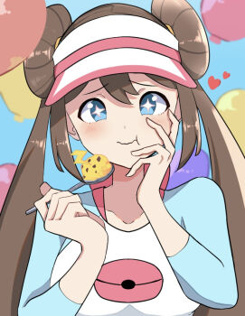 +_+ 1girl :t blue_eyes blush brown_hair closed_mouth commentary double_bun eating food hair_bun hands_up heart holding holding_spoon long_hair looking_at_viewer nintendo pokemon pokemon_bw2 raglan_sleeves raised_inner_eyebrows rosa_(pokemon) shirt solo splatoonwakame spoon twintails upper_body visor_cap