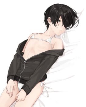 1boy armpit_crease bare_shoulders bikini black_eyes black_hair black_jacket closed_mouth clothes_pull commentary_request cowboy_shot crossdressing crossdressing_(mtf) dot_nose geki_(sunaba_(nczd5875)) hair_over_one_eye highres jacket jacket_pull long_sleeves looking_to_the_side lying male_focus micro_bikini on_back on_bed one_eye_covered original partial_commentary partially_unzipped short_hair side-tie_bikini_bottom simple_background solo sunaba_(nczd5875) swimsuit thighs under_covers white_background white_bikini
