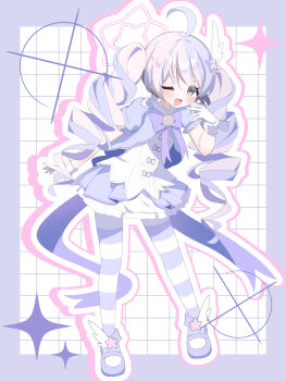 1girl ;d absurdres ahoge blue_archive blush border bow bowtie commentary_request drill_hair earrings eyebrows_hidden_by_hair eyes_visible_through_hair frilled_skirt frills full_body gloves grey_eyes grid_background hair_ornament halo hand_up highres jacket jewelry long_hair looking_at_viewer magical_girl multicolored_hair multicolored_pantyhose official_alternate_costume official_alternate_hairstyle one_eye_closed open_mouth outline outside_border pantyhose pink_bow pink_hair pink_halo pink_outline puffy_short_sleeves puffy_sleeves purple_border purple_bow purple_bowtie purple_hair purple_jacket purple_pantyhose purple_shoes reisa_(blue_archive) reisa_(magical)_(blue_archive) shirt shoes short_sleeves skirt smile solo sparkle standing star_(symbol) star_earrings star_hair_ornament star_halo striped_clothes striped_pantyhose twin_drills twintails two-tone_hair two-tone_pantyhose v-shaped_eyebrows white_background white_gloves white_outline white_pantyhose white_shirt white_skirt white_wrist_cuffs wing_hair_ornament wrist_cuffs yuu_(yuu1601)