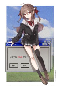 1girl ahoge asymmetrical_legwear bandaid bandaid_on_knee bandaid_on_leg black_cardigan black_skirt black_socks black_thighhighs border bow bowtie broken_heart broken_heart_hair_ornament brown_hair brown_shoes cardigan commentary dress_shirt eenightlamp english_commentary evil_neuro-sama full_body grin hair_between_eyes hair_ornament heart highres loafers long_hair long_sleeves looking_at_viewer microsoft_windows miniskirt neuro-sama off-shoulder_cardigan outside_border photo_background pleated_skirt red_bow red_bowtie red_eyes red_ribbon ribbon shirt shoes single_sock single_thighhigh skirt skull_hair_ornament smile socks solo thighhighs torn_hair_ribbon twitter_username two_side_up uneven_legwear vedal_ai virtual_youtuber white_border white_shirt