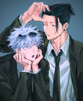 Rule 34 | 2boys, 99round, black hair, black jacket, black necktie, blue eyes, brown eyes, collared shirt, eyewear on head, getou suguru, gojou satoru, hair bun, hair pulled back, hands on own chin, hashtag-only commentary, highres, jacket, jujutsu kaisen, long sleeves, looking at another, male focus, multiple boys, necktie, one eye closed, open mouth, plug (piercing), round eyewear, shirt, short hair, suit jacket, upper body, white hair, white shirt