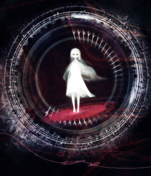 1girl abstract dress gosakurayuki_benten highres long_hair looking_at_viewer musical_note original red_eyes standing white_dress white_hair