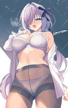 1girl ancie black_pantyhose blue_eyes blush bra breasts card-en-ciel closed_mouth commission cowboy_shot crotch_seam grey_hair hair_over_one_eye highres large_breasts lololotton long_hair open_clothes open_shirt paid_reward_available panties panties_under_pantyhose pantyhose ponytail sample_watermark shirt single_bare_shoulder single_off_shoulder skeb_commission solo underwear watermark white_bra white_panties white_shirt