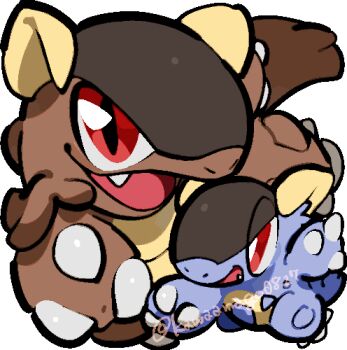 bright_pupils chibi chibi_only commentary_request fangs full_body gen_1_pokemon kangaskhan kawaanago lowres mega_kangaskhan mega_pokemon mother_and_child nintendo nostrils open_mouth pokemon pokemon_(creature) pokemon_focus red_eyes smile transparent_background twitter_username white_pupils