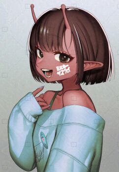 1girl antennae blunt_ends bob_cut brown_hair colored_skin copyright_name kujo_chiharu milky_galactic_universe milky_subway nanja off-shoulder_sweater off_shoulder open_mouth pinky_out pointy_ears red_skin short_hair simple_background smile solo sweater teeth upper_body watermark
