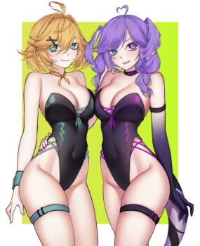 2girls ahoge alternate_costume aqua_eyes aqua_nails black_choker black_leotard blonde_hair blue_eyes breast_press breasts choker cleavage closed_mouth commentary covered_navel cowboy_shot dokibird fang hair_ornament hairclip head_wings highleg highleg_leotard highres indie_virtual_youtuber large_breasts leotard long_hair medium_hair multiple_girls neckerchief nijisanji nijisanji_en orange_neckerchief parted_lips purple_eyes purple_hair purple_nails selen_tatsuki skin_fang smile strapless strapless_leotard symbol-only_commentary symmetrical_docking tail thigh_strap twintails virtual_youtuber voice_actor_connection vonshia wings