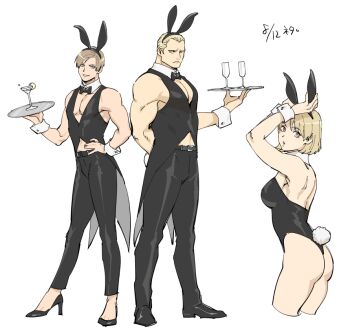 1girl 2boys animal_ears ashley_graham ass black_leotard blonde_hair bow bowtie breasts closed_mouth fake_animal_ears fake_tail high_heels jack_krauser leon_s._kennedy leotard looking_at_viewer multiple_boys open_mouth playboy_bunny resident_evil resident_evil:_the_darkside_chronicles resident_evil_4 short_hair simple_background smile strapless strapless_leotard tail tatsumi_(psmhbpiuczn) white_background wrist_cuffs