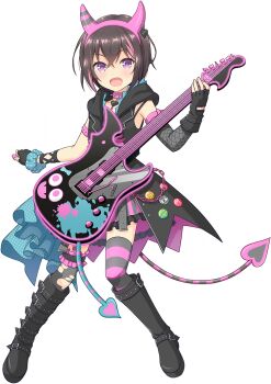 1girl asymmetrical_legwear black_boots black_gloves black_hair black_thighhighs boots demon_tail detached_sleeves electric_guitar fake_horns fingerless_gloves fishnet_sleeves fishnets full_body game_cg gloves guitar hairband highres holding holding_guitar holding_instrument holding_plectrum hood hood_down hooded_jacket horn_hairband horns instrument jacket knee_boots looking_at_viewer mismatched_legwear multicolored_hair non-web_source official_art ongeki pink_hair pink_hairband pink_thighhighs plectrum purple_eyes short_hair simple_background single_detached_sleeve sleeveless sleeveless_jacket solo streaked_hair striped_clothes striped_thighhighs tail thighhighs torn_clothes torn_thighhighs transparent_background uneven_legwear yuuki_riku