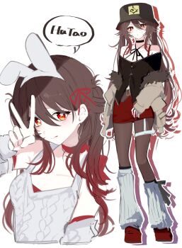 1girl absurdres animal_ear_hairband animal_ears blush breasts buttons coat fake_animal_ears flower-shaped_pupils genshin_impact hairband hat highres hu_tao_(genshin_impact) jacket long_hair long_sleeves magnet_8_8 porkpie_hat shirt simple_background solo symbol-shaped_pupils v v_over_eye white_background