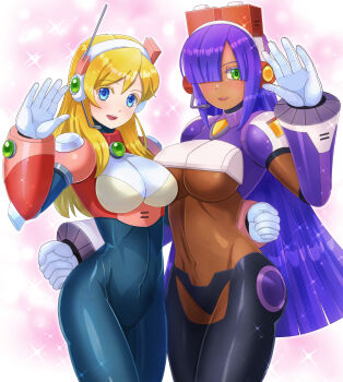 2girls alia_(mega_man) blonde_hair blue_eyes bodystocking breasts commentary_request cowboy_shot dark-skinned_female dark_skin green_eyes hair_over_one_eye headset highres kiwakiwa large_breasts layer_(mega_man) long_hair medium_breasts mega_man_(series) mega_man_x8 mega_man_x_(series) multiple_girls purple_hair sparkle underboob