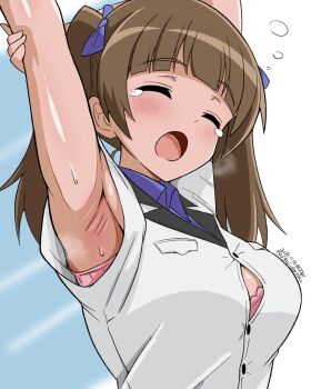 1girl armpits blush bow bra brave_witches breasts brown_hair closed_eyes dated georgette_lemare hair_bow long_hair open_mouth pink_bra signature small_breasts solo stretching sweat twintails underwear unkai_daraku upper_body world_witches_series yawning