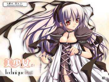 19_(nin19) 1girl archived_source back_ribbon belt black_belt black_choker black_dress black_ribbon black_sleeves black_thighhighs bottomless breasts choker cleavage cross-laced_clothes cross-laced_dress dress hair_ribbon large_breasts legs_apart long_hair original puffy_short_sleeves puffy_sleeves purple_hair purple_ribbon red_eyes ribbon short_sleeves sign simple_background smile standing straight_hair strapless strapless_dress thighhighs translation_request very_long_hair watermark web_address white_dress