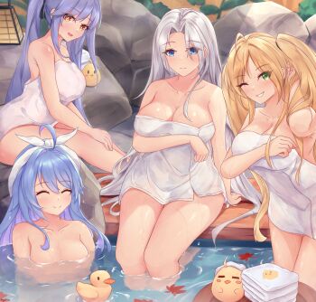 4girls arm_under_breasts autumn_leaves azur_lane bathing blonde_hair blue_eyes blue_hair bow_hairband breasts cleavage closed_eyes closed_mouth commentary english_commentary essex_(azur_lane) facing_viewer green_eyes grin hairband helena_(azur_lane) highres hornet_(azur_lane) kyl490 large_breasts leaf long_hair looking_at_viewer manjuu_(azur_lane) maple_leaf multiple_girls naked_towel nude one_eye_closed onsen parted_bangs partially_submerged ponytail purple_hair rock rubber_duck sitting smile soaking_feet thighs towel twintails water wet white_hair white_hairband yorktown_(azur_lane)