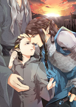 3boys age_difference armor banner black_hair braid cirdan cloud cloudy_sky elf face-to-face father_and_son fingon flag gil-galad grey_hair grey_robe hair_ornament hand_on_another&#039;s_head hood long_hair luperce male_focus multiple_boys pauldrons pointy_ears polearm robe shoulder_armor sidelocks sky spear sun sword the_silmarillion tolkien&#039;s_legendarium weapon