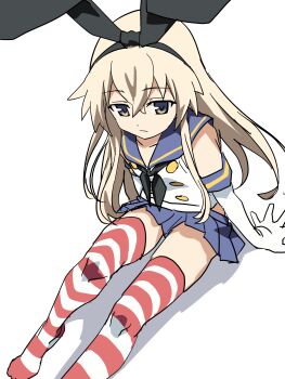 Rule 34 | 1girl, anchor hair ornament, baasaku (balasaku24), black hairband, black neckerchief, blonde hair, blue sailor collar, blue skirt, crop top, elbow gloves, feet out of frame, gloves, grey eyes, hair ornament, hairband, highres, kantai collection, long hair, looking down, microskirt, miniskirt, neckerchief, pleated skirt, sailor collar, shimakaze (kancolle), shirt, simple background, skirt, sleeveless, sleeveless shirt, solo, striped clothes, striped thighhighs, thighhighs, white background, white gloves