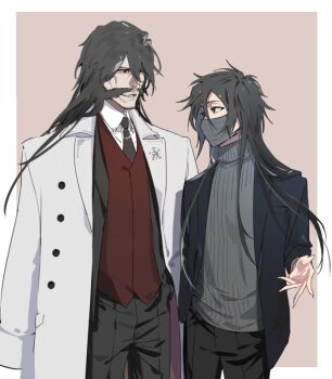 Rule 34 | 2boys, black hair, black jacket, bleach, bleach: sennen kessen-hen, coat, coat on shoulders, commentary request, enpissi, facial hair, grey sweater, hand in pocket, height difference, jacket, kurosaki ichigo, long hair, male focus, mask, mouth mask, multiple boys, mustache, mutton chops, pentacle, quincy (bleach), red eyes, red vest, saigo no getsuga tenshou, smile, sweater, turtleneck, turtleneck sweater, vest, yhwach