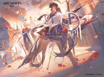 1boy 1girl arknights ascot belt bird black_ascot black_gloves black_hair black_halo black_pants black_pantyhose black_shirt black_skirt black_wings blue_eyes blunt_bangs broken_halo building cello cloak cloud collared_shirt detached_wings executor_(arknights) executor_the_ex_foedere_(arknights) fingerless_gloves floating_clothes floating_hair flock gloves grey_eyes gun halo highres holding holding_gun holding_weapon instrument leaf long_hair long_sleeves looking_at_viewer maple_leaf mole mole_under_eye official_art outdoors pants pantyhose renjian_shilian shirt short_hair skirt thighhighs very_long_hair virtuosa_(arknights) weapon white_belt white_hair white_shirt wings zettai_ryouiki