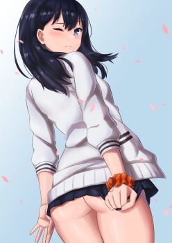 1girl ass black_hair black_skirt blue_background blue_eyes blush cardigan cherry_blossoms closed_mouth clothes_pull commentary_request gradient_background gridman_universe highres long_hair long_sleeves looking_at_viewer no_panties one_eye_closed pleated_skirt school_uniform scrunchie skirt skirt_pull solo ssss.gridman standing takarada_rikka white_cardigan wrist_scrunchie zilaishui