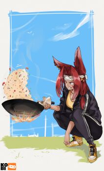 1girl absurdres animal_ear_piercing animal_ears artist_logo artist_name black_jacket black_pants black_scrunchie blue_sky border breasts cleavage collarbone commentary commission dark-skinned_female dark_skin english_commentary fire food forehead_protector fried_rice from_side full_body grass hair_ornament hair_rings hair_scrunchie highres holding_pan jacket kobi420 logo long_hair looking_at_food medium_breasts on_grass open_mouth original pants purple_eyes red_hair rice scar scar_on_face scrunchie shirt shoes sidelocks sketch_background sky smile solo sportswear squatting white_border yellow_shirt yellow_shoes