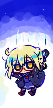 Rule 34 | 1girl, artoria pendragon (fate), black jacket, black socks, blonde hair, blue sailor collar, blue serafuku, blue shirt, blue skirt, brown eyes, brown shoes, chibi, closed mouth, commentary request, falling, fate/grand order, fate (series), glasses, hair between eyes, jacket, kasuga yuuki, long sleeves, motion lines, mysterious heroine x alter (fate), open clothes, open jacket, red-framed eyewear, sailor collar, school uniform, semi-rimless eyewear, serafuku, shirt, shoe soles, shoes, skirt, sleeves past wrists, socks, solo, speed lines, under-rim eyewear