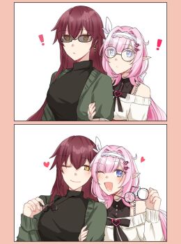 ! black_sweater border breasts brown_hair commentary_request eden_(honkai_impact) elf elysia_(honkai_impact) glasses green_jacket hairband heart holding holding_removed_eyewear honkai_(series) honkai_impact_3rd jacket large_breasts locked_arms long_hair looking_at_viewer one_eye_closed pink_border pink_hair pointy_ears round_eyewear simple_background smile sunglasses sweater toufu_0626 unworn_eyewear very_long_hair white_background white_hairband white_sweater yuri