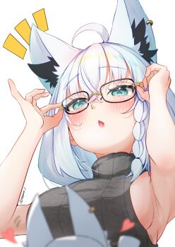 1girl absurdres adjusting_eyewear ahoge animal_ear_fluff animal_ears artist_name bare_arms blurry blurry_foreground blush braid breasts commentary_request earrings extra_ears fox_ears fox_girl glasses green_eyes grey_sweater hair_between_eyes heart highres hololive jewelry long_hair looking_at_viewer medium_breasts notice_lines open_mouth payano_i shirakami_fubuki sideboob sidelocks simple_background single_braid sleeveless sleeveless_sweater sleeveless_turtleneck sukonbu_(shirakami_fubuki) sweater turtleneck turtleneck_sweater virtual_youtuber white_background white_hair