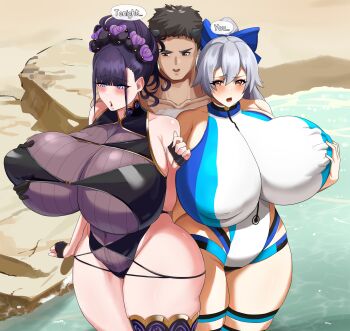 absurdres bikini black_bikini blue_eyes blush brown_eyes brown_hair fate/grand_order fate_(series) flower groping groping_breast hair_flower hair_ornament highres horns leg_band lips mature_female murasaki_shikibu_(fate) murasaki_shikibu_(swimsuit_rider)_(first_ascension)_(fate) muundae one-piece_swimsuit original purple_hair red_eyes skindentation swimsuit tomoe_gozen_(fate) tomoe_gozen_(swimsuit_saber)_(fate) tomoe_gozen_(swimsuit_saber)_(first_ascension)_(fate) white_hair