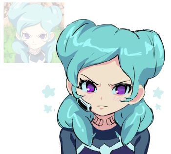 1girl anime_screenshot annoyed aqua_hair beta_(inazuma_eleven) bodysuit commentary derivative_work double_bun english_commentary grey_bodysuit haejji0420 hair_bun highres inazuma_eleven_(series) inazuma_eleven_go inazuma_eleven_go_chrono_stone light_blush long_hair looking_at_viewer no_pupils purple_eyes screenshot_inset screenshot_redraw solo star_(symbol) white_background