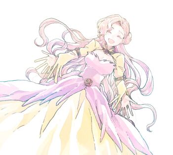 1girl breasts cleavage closed_eyes code_geass double_bun dress dress_flower euphemia_li_britannia facing_viewer flower hair_bun long_dress long_hair long_sleeves medium_breasts michibata_65 open_mouth outstretched_arms pink_dress pink_hair red_flower red_rose rose smile solo swept_bangs two-tone_dress upper_body wavy_hair white_background yellow_dress