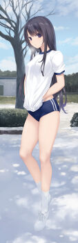 1girl absurdres black_hair blue_buruma blue_sky breath buruma cloud coffee-kizoku commentary_request day full_body gym_shirt gym_uniform hand_in_clothes highres long_hair looking_at_viewer original outdoors purple_eyes shiramine_rika shirt shoes sky socks solo t-shirt trembling white_shirt white_shoes white_socks
