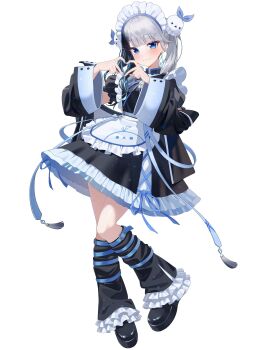 1girl :3 absurdres apron black_dress black_hair blue_eyes detached_sleeves dress earrings four-finger_heart_hands freely2327 frilled_apron frills hair_ornament heart heart_hands highres indie_virtual_youtuber jewelry leg_warmers long_sleeves looking_at_viewer maid maid_apron maid_headdress multicolored_hair puffy_short_sleeves puffy_sleeves short_sleeves sleeve_cuffs smile solo third-party_source twintails white_apron white_background white_hair yukieda_shizuku